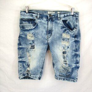 FWRD Denim 32 Men's Distressed Patchwork Factory Faded  11" Inseam Jean Shorts